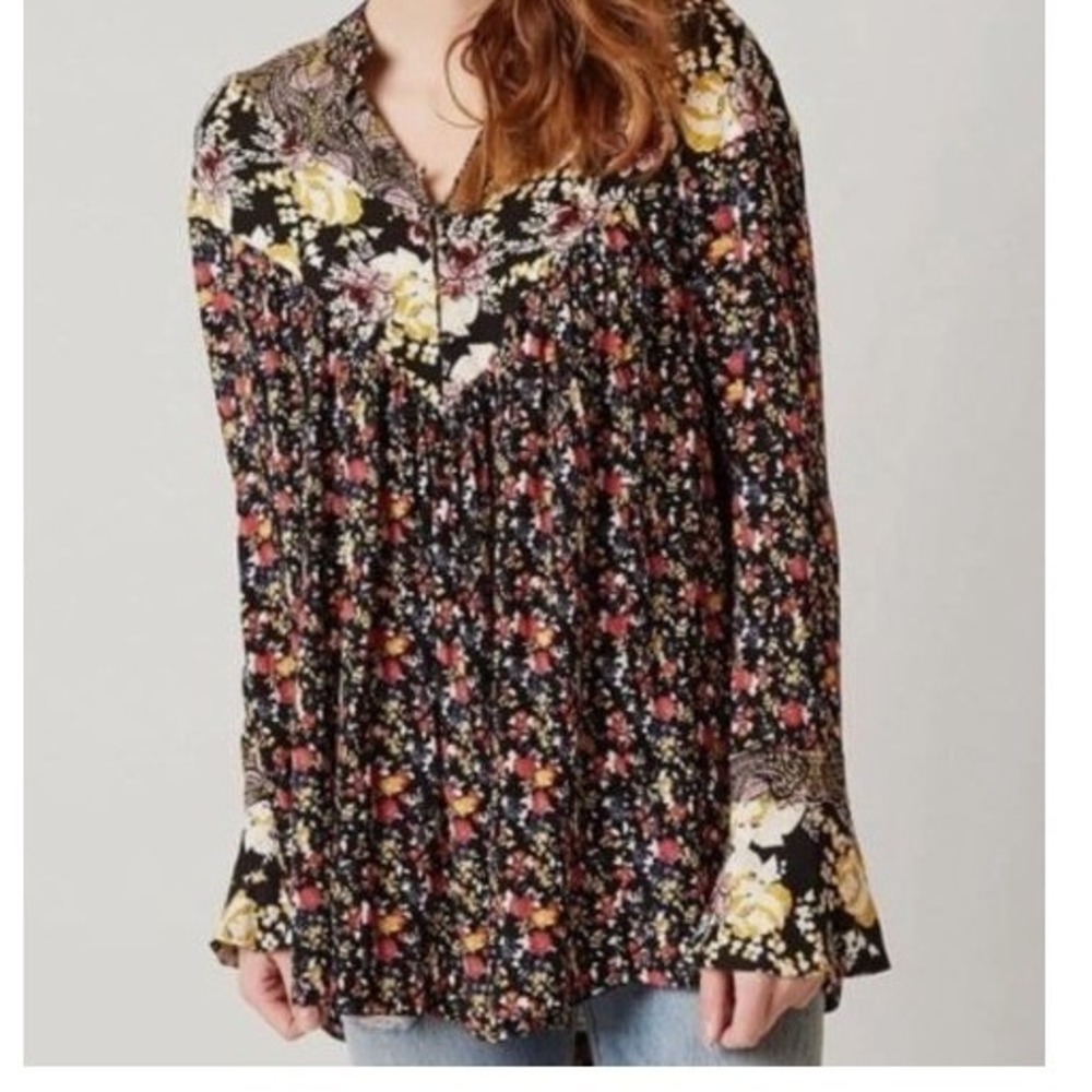 Free People Top Sz S Floral Paisley Bell Sleeve Boho Peasant Cottagecore Tunic